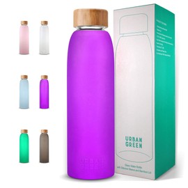 Urban Green Glass Water Bottle with Protective Silicone Sleeve and Bamboo Lid, 18oz, 1extra 304 Stainless Steel Lid with Handle, BPA Free, Dishwasher Safe, Valentine Gift