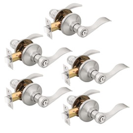 KNOBWELL 5 Pack Privacy Door Handle Brushed Nickel, Keyless Bedroom Interior Door Handles with Lock Modern Door Handles Wave Style