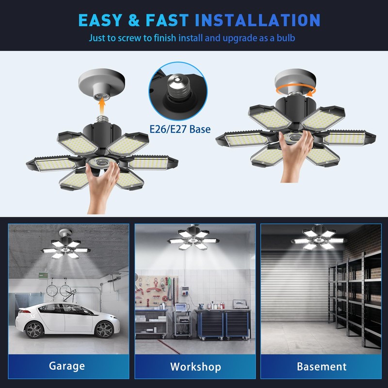 Adiding LED Garage Ceiling Light - 2 Pack Adjustable 20000lm