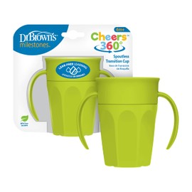 Dr. Brown's Milestones Cheers 360 Taza de transición sin boquilla con asas, apto para viajes y sin fugas para bebés y niños pequeños, verde, sin BPA, 