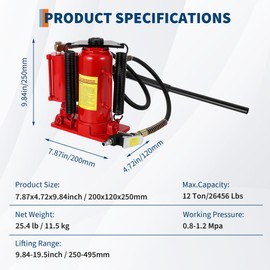 12 Ton Air Hydraulic Bottle Jack, Heavy Duty 24,000 Lbs Capacity, Pneumatic & Manual Car Jack for Trucks, SUVs, Low Profile Vehicles, All-Welded Design w/Safety Valve, 9.8"-19.5" Lift Range