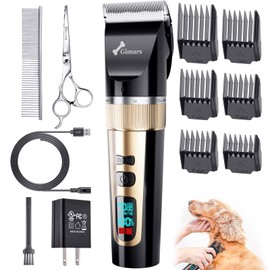 Gimars Cordless 4 Speed 7000rpm Dog Clippers with 6 in 1 4CR Stainless Steel Dog Grooming Scissors Kits, Low Noise 55db Rechargeable Pet Hair Thick Coat Trimmer Cat Shaver Clippers Kit for Cat Pet