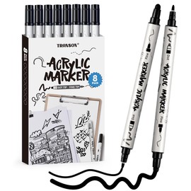 TRANSON 8 Pack Black Bold and Fine Dual-tip Acrylic Paint Marker for DIY Glass Canvas Wood Leather Ceramic Rock Painting