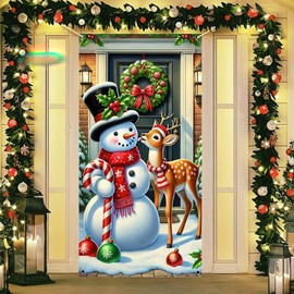 BlissYard Christmas Snowman and Reindeer Door Banner Merry Christmas Door Cover Holiday Decor Wreath Backdrop for Front Door Porch Xmas Party Decor New Year Supplies Background Banner 71x35