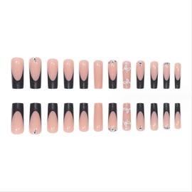 French Press on Nails Long Rhinestone Pink Nude Fake Nails Black Nails Square Bling Glossy 3D Butterfly False Nail Tips Artificial Nails Finger Manicure for Women and Girls Reusable Nail Kit