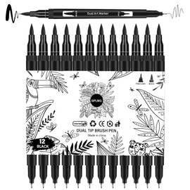 GPLMQ Black Drawing Pens, 12 Pack Felt Tip Markers for Adults and Kids, Dual Tip Brush Fineliners Pens for Art Drawing Sketching