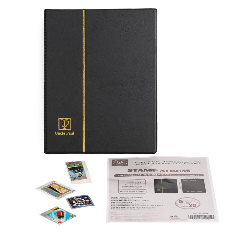 Stamp Album Stockbook, 100 Pockets 40 Black Sides Leatherette Padded