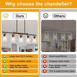 Dining Room Light Fixture, 5-Light Black Chandeliers for Dining Room, Farmhouse Kitchen Island Lighting Rustic Ceiling Hanging Pendant Light Fixtures with Water Ripple Glass Cover, E26 Socket