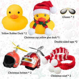 Haooryx 3Pcs Christmas Rubber Ducks Toys Car Ornaments Yellow Squeeze Duck Car Dashboard Decorations with Propeller Helmet Scarf Hat for Kids Christmas Winner Birthday Party Favor Goodie Bag Fillers