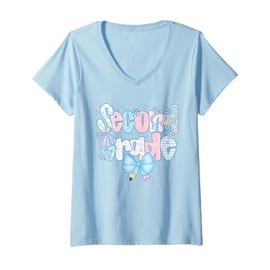 Womens Preppy Second Grade Coquette Bow Back To School Teacher Girl V-Neck T-Shirt