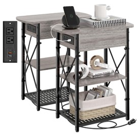 Livofloral Narrow Side Table with Charging Station, End Tables Set of 2 for Small Spaces, Flip Top End Table with Storage, End Tables Living Room, Nightstand Set 2 with Drawer for Bedroom, Grey