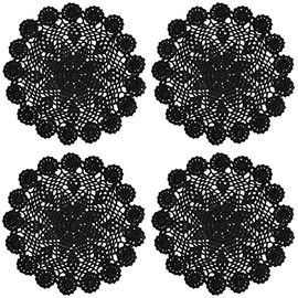 Phantomon 12 Inch Round Doilies Crochet Handmade Lace Placemats 100% Cotton Knitted Coasters, Pack of 4 (Black)