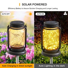 4 Pack Hanging Solar Lantern Lights,Vintage Glass Mason Jar Solar Fairy Lights Outdoor Decorative Waterproof Table Lamp with Stakes for Patio Yard Lawn Tree