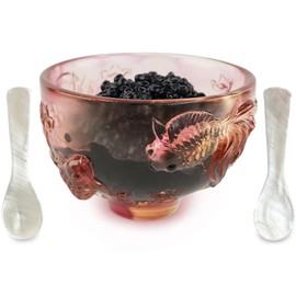 FANQIEW Crystal Caviar Serving Set with 2 Mother of Pearl Spoons Handcrafted Glass Caviar Dish with Fish Relief Design,Vibrant Colors Showcasing,5oz Capacity,Dishwasher Safe,Red