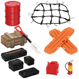 GLOBACT 1/24 1/18 RC Crawler Accessories Car Roof Decoration Luggage Net, Recovery Board, Fire Extinguisher, Toolbox, Wood Box, Shovel for 1/18 TRX4M 1/24 Axial SCX24 (12Pcs Black Orange)
