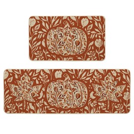 Artoid Mode Orange Flower Pumpkin Fall Kitchen Mats Set of 2, Autumn Home Decor Low-Profile Kitchen Rugs for Floor - 17x29 and 17x47 Inch