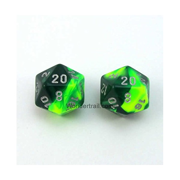 WCXPG2054E2 Green Yellow Gemini Dice with Silver Numbers D20 Aprox 16mm (5/8in) Pack of 2 Dice Chessex