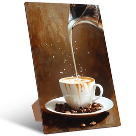 FUQWZ Pouring Milk into Coffee Sign - wooden plaque with stand & hooks 8x12 Inch - coffee decor for coffee bar. (027)