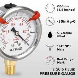 SCTSNSR -30 inHg to 0 Vacuum Pressure Gauge, Glycerin Liquid Filled, 2.5 inch Dial, 1/4" NPT Lower Mount, Stainless Steel Case, for Air Conditioning Line, Tank, Air Pump, HVAC, Pipe, Pressure Test