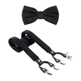 TIE G Men's Glitter Velvet Suspender + Bow Tie Set for Wedding, Party : Glittering Effects, Adjustable Braces, Strong 6 Clips (Twinkle Black)