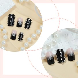 Black Gradient Press on Nails Medium Short Square Fake Nails Christmas Snowflake Glue on Nails Xmas Glossy False Nails with Rhinestones Design Winter Full Cover Stick on Nails for Women 24Pcs