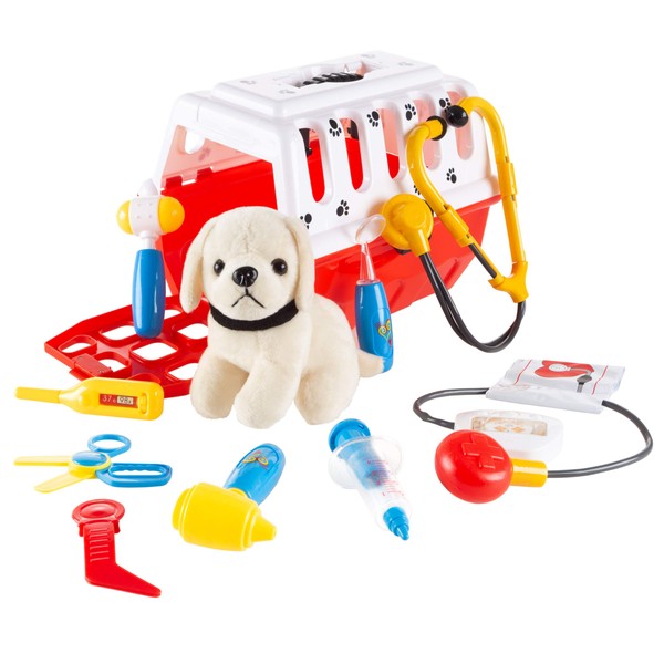 Hey! Play! Kids Veterinary Set-11 Piece Complete Toy Set-Pretend Play Set with Animal Medical Supplies, Plush Dog, and Carrier for Boys and Girls
