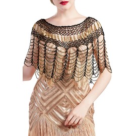 BABEYOND 1920s Shawl Wraps Gatsby Beaded Evening Cape Bridal Shawl Bolero Flapper Cover Up, Black Gold, One Size