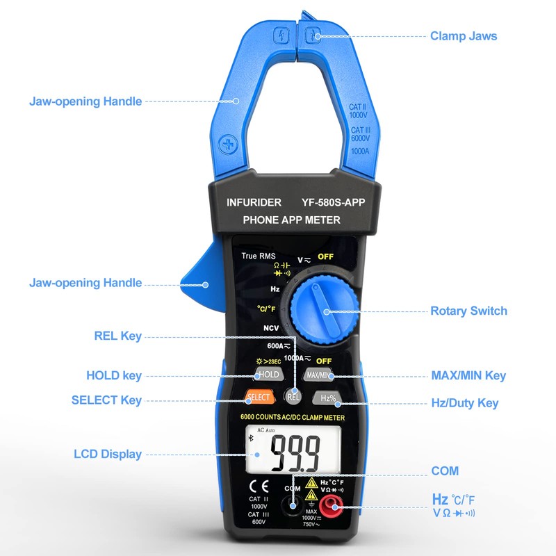 INFURIDER Bluetooth Clamp Meter, TRMS 6000 Counts Auto- Ranging Clamp