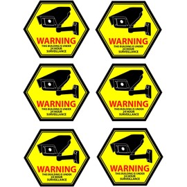 Mandala Crafts 6 PCs Yellow Hexagon Front Adhesive Security Camera Decal 24-Hour Video Surveillance Recording Warning Window Stickers for Indoors or Outdoors