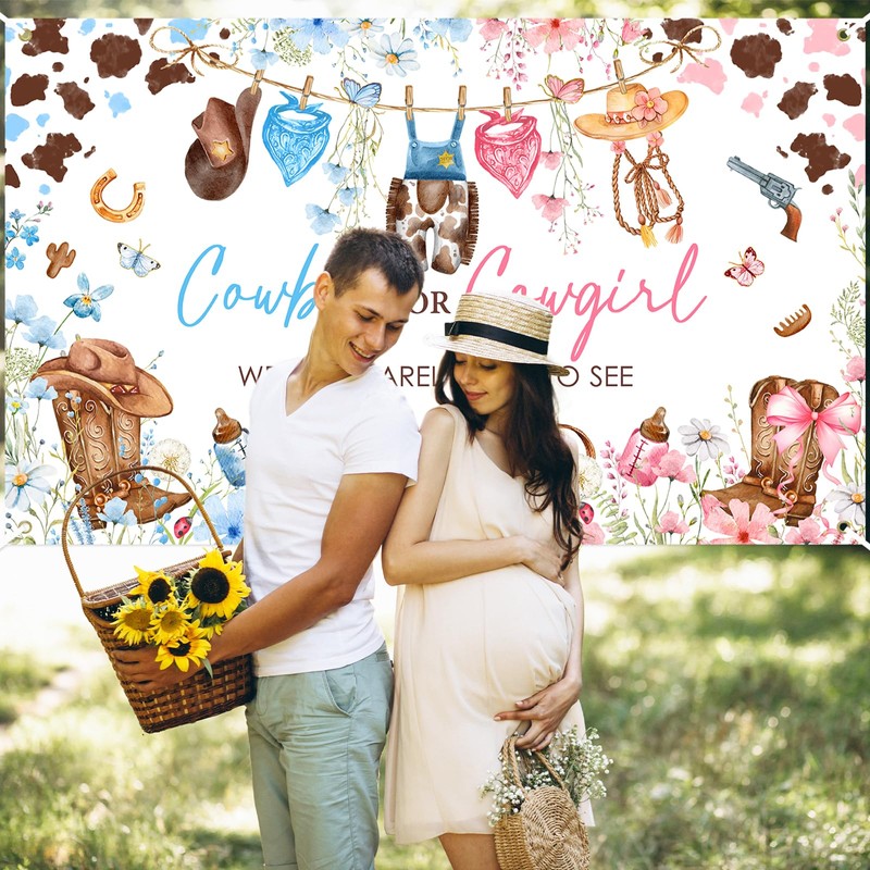 Mocsicka Cowboy or Cowgirl Gender Reveal Backdrop Banner Western Rodeo