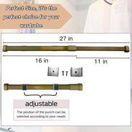 Beyeutao Champagne Closet Rod Pull Out Rod for Closets Hanging Closet Rod 16"-27" Aluminum Alloy Closet Rod Extender Hang Up Clothes Ties Scarves Closet Accessories Sturdy and Stable