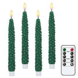 Lasumora LED Flameless Taper Candles with Remote Timer, Battery Operated Waxy Window Candlesticks with 3D Flame Wick, 9.64 Inch Flickering Green Christmas Tree Candles 4 Pcs for New Year Celebration