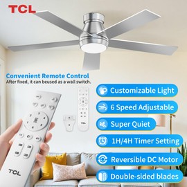 TCL 52" Silver Ceiling Fan with Light and Remote, Modern LED 3-Color, Quiet Motor for Bedroom, Living Room, Dining Room, Ceiling Fans with Lights (Silver)