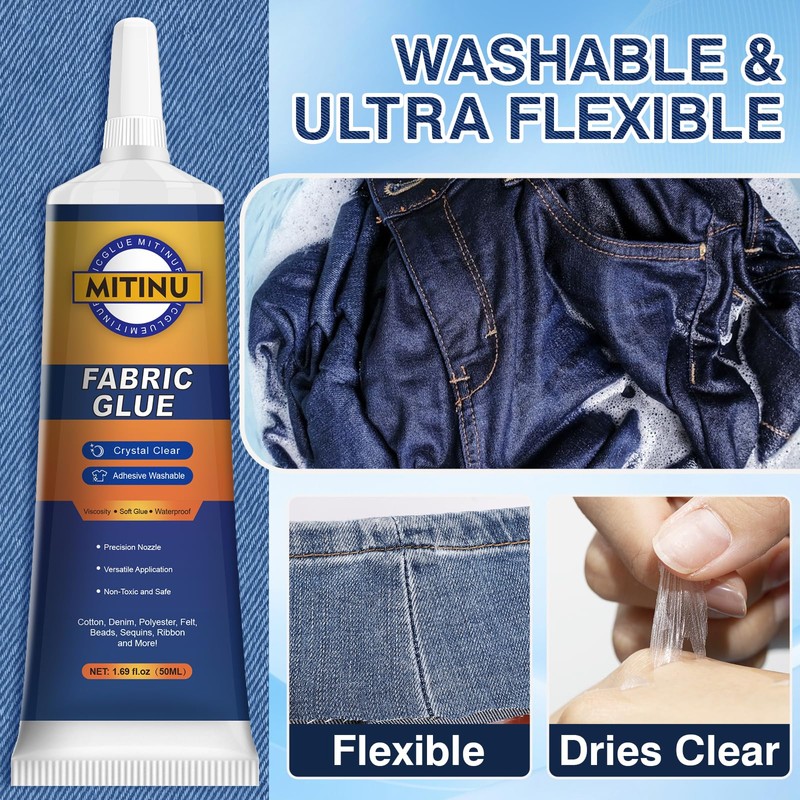 MITINU Fabric Glue Permanent, 3Pcs 50ML Washable Clear Clothing Glue