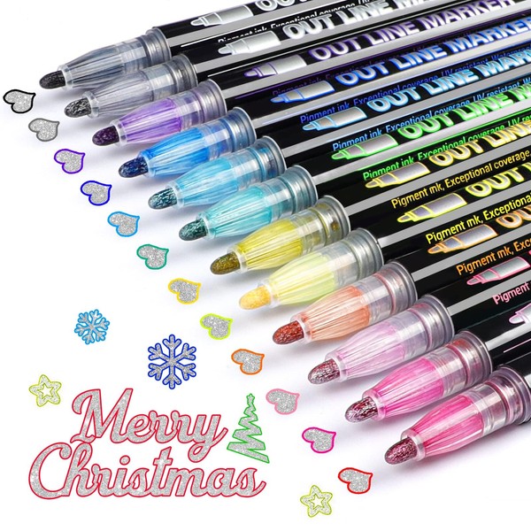 Morfone Outline Markers, Double Line Glitter Shimmer Markers Set of 12 Colors Self-outline Metallic Markers Pens for Card Making, Lettering
