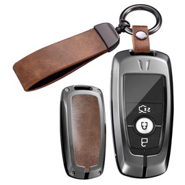 ontto Metal Leather Car Key fob Cover fit for Ford Mustang Ranger Transit EcoSport Everest Bronco Edge Fusion Key Holder case 2/3/4/5 Buttons keyring Shell keychain accessories Brown 2