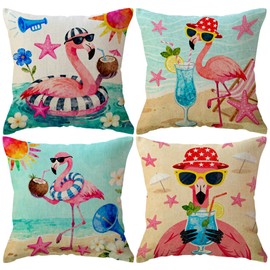 4Pack Flamingo Throw Pillow Cases with Cocktail Float Design Beach Party Flamingo Decorative Pillow Covers Tropical Vacation Cushion Covers 18"x18" for Porch Patio Decor(Pink/Blue)