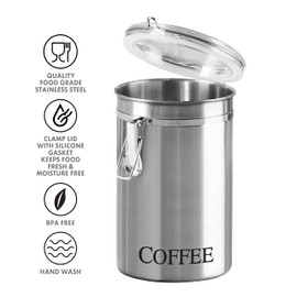 Oggi Stainless Steel Coffee Canister 62 fl oz - Airtight Clamp Lid, Clear See-Thru Top - Ideal for Coffee Bean Storage, Ground Coffee Storage, Kitchen Storage, Pantry Storage. Large Size 5" x 7.5".