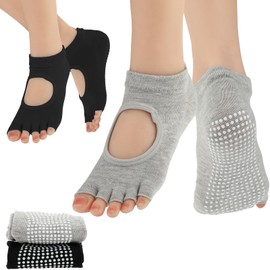 Grevosea 2 Pairs of Yoga Socks Without Toes, Gymnastics Fitness Socks Yoga Toe Socks Non-Slip Toeless Pilates Socks Non-Slip Toe Free Ankle Socks for Women Pilates Dance Ballet Kickboxing, Black+grey