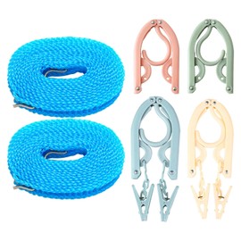 Travel Hanger Clothes and Portable Clothes Line,4PCS Portable Folding Hanger and 2PCS Windproof Non-slip Clothesline Outdoor, Camping Portable Washing Line for Outside(Pink, green, blue, beige)