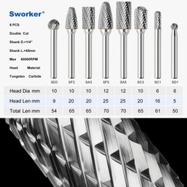 Sworker 8Pcs Carbide Burr Set 1/4 Shank w/Grey Box Max Head Dia 12mm Die Grinder Bits Rotary Tools Attachment Kit Rasp Accessories Metal Wood Stone Steel Grinding Deburring Cutting Porting Carving