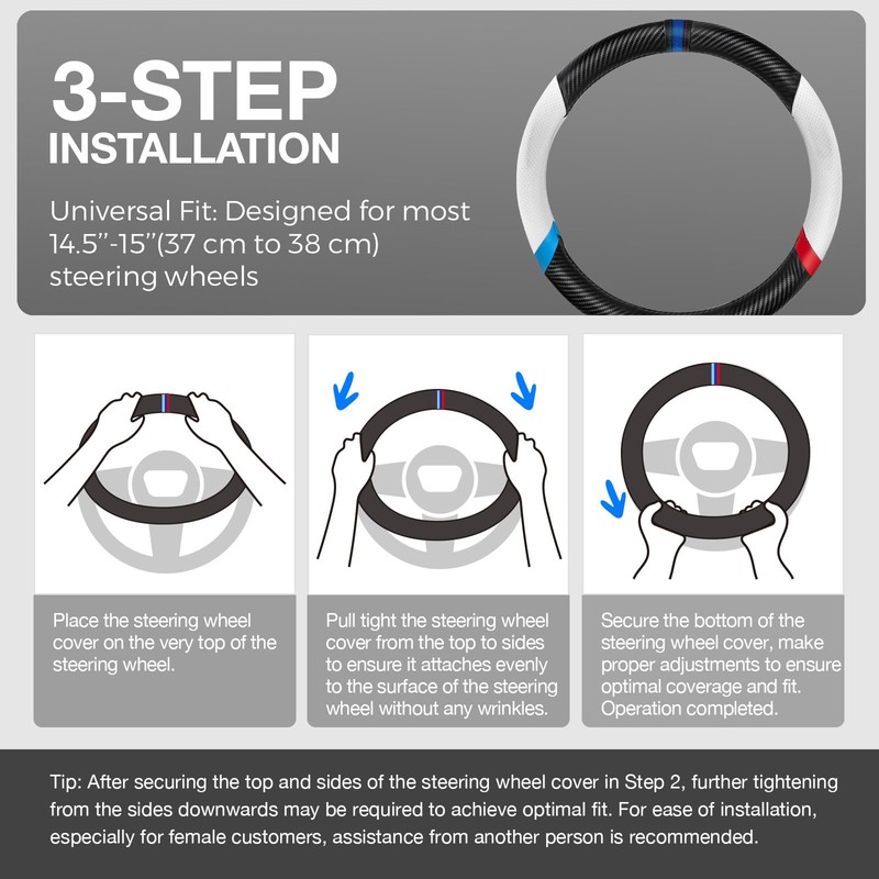 Carbon Fiber Steering Wheel Cover, Non-Slip and Sweat Absorbent, 15"