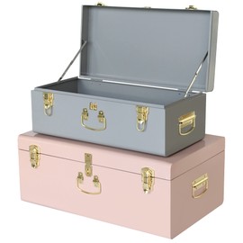 Vixdonos Decorative Metal Box Storage Trunks Set of 2 College Dorm Chest with Lock Hole,23.7X14.2X9.5 Inches(Grey and Pink)