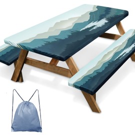 Britown Picnic Table Cover with Bench Covers Elastic Edges, Mountain Landscape Fitted Table Cover, Outdoor Patio Camping Essentials 72 Inch 3PCS, Waterproof Fitted Tablecloth with Drawstring Bag