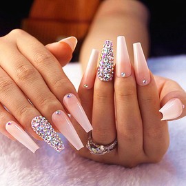 Leuhiove 24 Pcs Pink Press on Nail Long Bling Glam Ballerina Flash Diamond Crystal Glossy Fake Nails Coffin Nails Tips Rhinestones Gems Artificial False Nails Glue on for Women and Girl