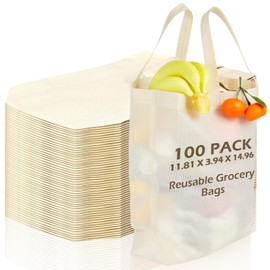 Yoojahow 100 Pcs Reusable Tote Bag with Handles Bulk 11.81'' x 3.94'' x 14.96'' Extra Large Non Woven Grocery Shopping Bags for Boutiques Retail Store(Beige)