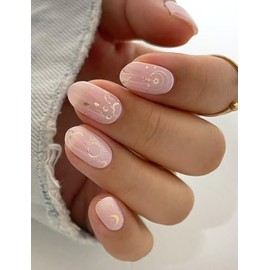 AutyaMee Semi Cured Gel Nail Strips (Sun & Stars), Pink, 20 Pcs Gel Nail Wraps, Stickers, UV Light Required, Salon Quality, Long Lasting