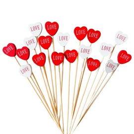 100 Pcs Bamboo Cocktail Picks 4.7-Inch Love Heart Shaped Sticks Fancy Skewers for Wedding Valentine's Day or Anniversary Party Decor (Red and White)