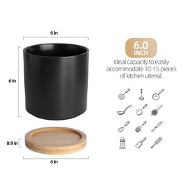 KITCHENLESTAR 360° Rotating Utensil Holder, 6" Large Utensil Crock, White Ceramic Cooking Utensil Organizer with Countertop-Protection Cork Bottom for Farmhouse Kitchen Decor Gift (Black)