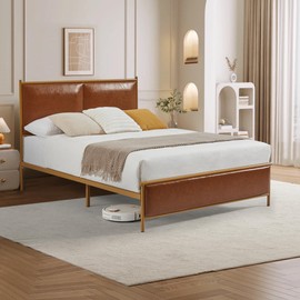 Dolonm Upholstered Full Size Platform Bed Frame, with Headboard and Strong Wooden Slats Metal Bed Frames, No Box Spring Needed Sponge Soft Bag Platform Coffee Bed
